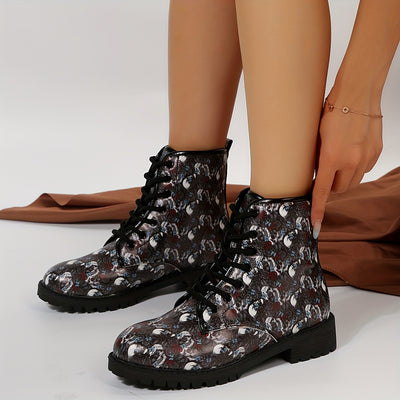 Womens Skull Rose Print Ankle Boots: Spooky Elegance for Halloween Fun