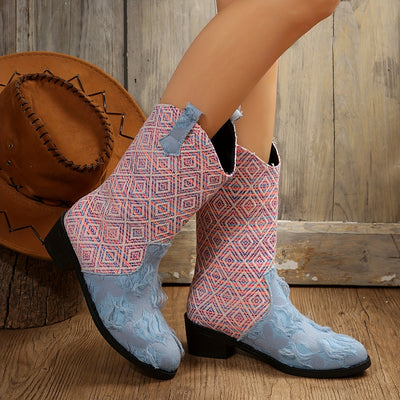 Women's Fashionista Ripped Detail Mid-Calf Boots: Embrace Geometric Patterns and V-Cut Style for Ultimate Style Statement