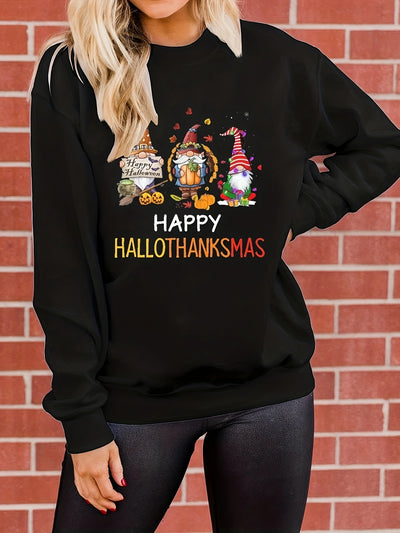 Pumpkin Patch Delight: Halloween Cartoon Print Pullover Sweatshirt for Women's Fall/Winter Wardrobe