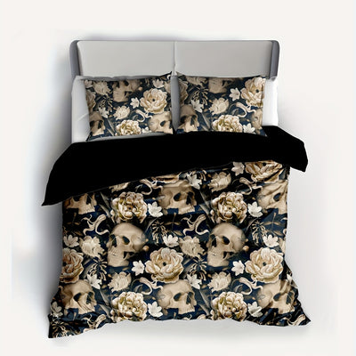 White Flower Skull Digital Print Duvet Cover Set: Elegant and Comfortable Bedding for Modern Bedrooms(1*Duvet Cover + 2*Pillowcases, Without Core)