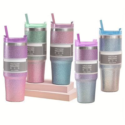 Take your drinks anywhere with the 30oz Glitter Coloful Tumbler. This reusable, insulated cup is complete with a lid and straw to keep your drinks cold or hot for hours. Crafted with a shiny, vacuum-sealed design, it is a practical and stylish choice for summer and winter adventures.