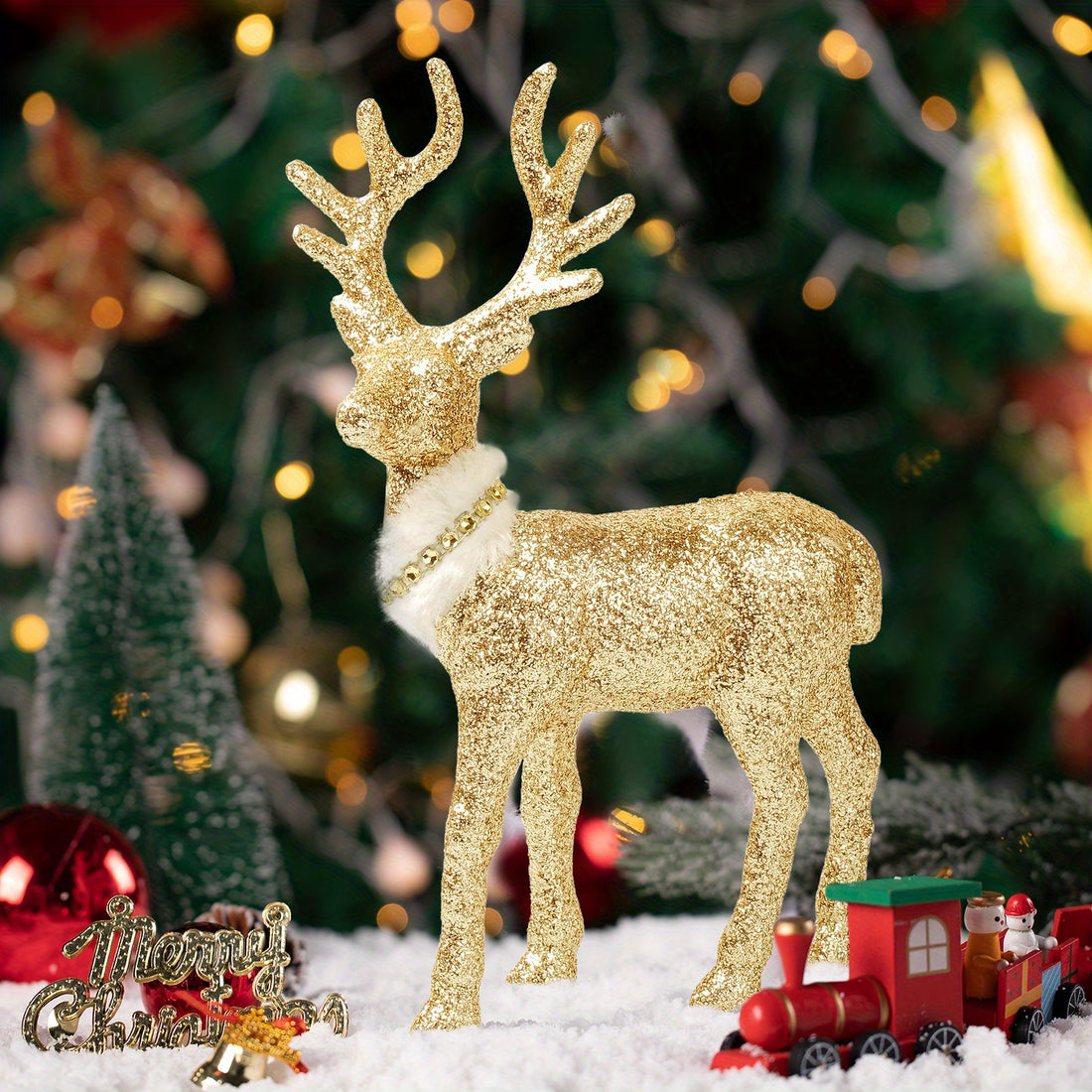 Elevate your holiday decor with our Glittering Golden and Silvery Standing Reindeer Decorations! These stunning tabletop additions will add a touch of winter magic to your space. Made with exquisite detailing and shimmering glitter, these reindeer will bring a sense of elegance and charm to your home. Perfect for any holiday setting.