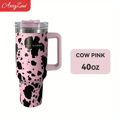 40oz Cow Series Print Stainless Steel Insulated Water Bottle - Tumbler With Handle, Straw & Lid - Perfect Birthday Gift & Home Kitchen Item!