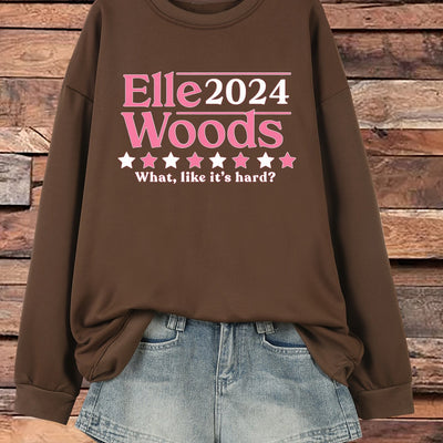 Stylish Plus-Size Casual Sweatshirt: Women's Plus Slogan Print Long Sleeve Round Neck Sweatshirt