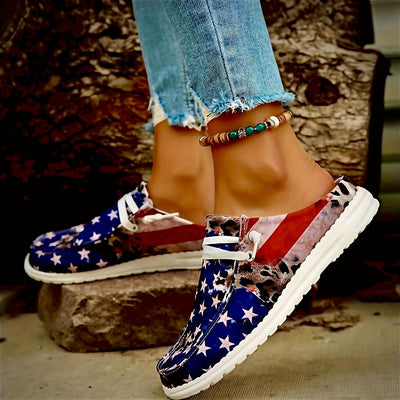 Patriotic Women's Flag and Leopard Pattern Canvas Slip-On Shoes - Lightweight and Comforrtable and Versatile Walking Shoes - Perfect for the 4th of July!