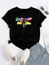 Colorful Dragonfly Print Crew Neck T-Shirt, Casual Short Sleeve T-Shirt For Spring & Summer, Women's Clothing