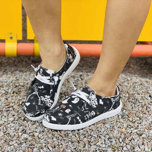Look stylish this Halloween in these Fun and Fashionable Women's Halloween Print Canvas Shoes. These Loafers feature a unique cartoon skull and spider pattern design that will make your style stand out. Slip into spooky season with ease in these comfortable Lace-Up Loafers.