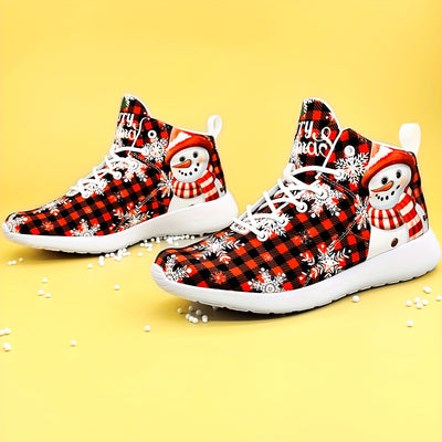 Festive Comfort: Christmas Snowman Plaid Pattern Soft Sneakers for Casual Versatile Style and Lightweight Running