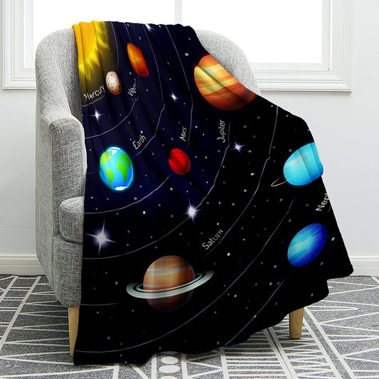Bring the beauty and wonder of the universe into your home with this ultra-soft Solar System printed blanket. Crafted from a luxurious blend of fabrics, this cozy blanket offers a unique take on traditional home décor, sure to make your favorite space even more inviting.