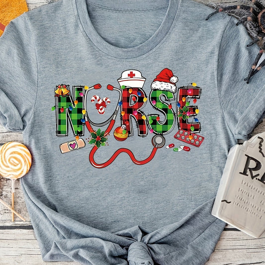 Festive Christmas Nurse Print T-Shirt: Add Joyful Charm to Your Wardrobe