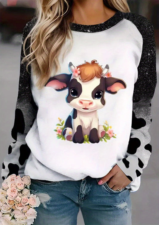 As an expert in fashion for fall/winter, I am excited to present our trendy and comfy cow print pullover sweatshirt for women. Made with high-quality materials, this sweatshirt is a must-have for any stylish wardrobe. Stay ahead of the fashion game with our unique cow print design.