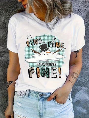 Frosty Words: Women's Snowman Print T-Shirt - Cute and Casual Crew Neck Short Sleeve Top
