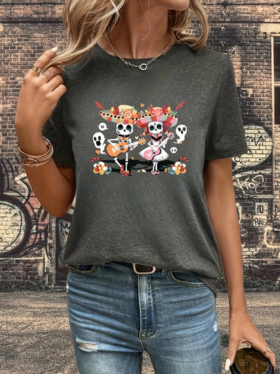 Rockin' Skulls: Women's Casual Short Sleeve T-Shirt with Halloween Guitar Pattern