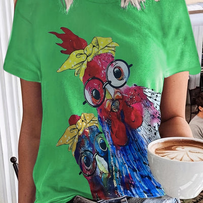 Cartoon Chicken Delight: Women's Casual Short Sleeve T-shirt with Quirky Print for Spring/Summer