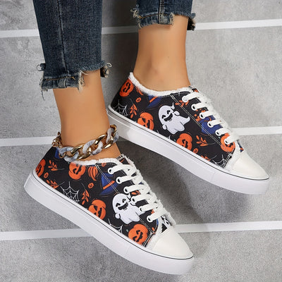 Halloween Ghost and Pumpkin Pattern Women's Canvas Shoes - Lightweight, Comfortable, and Stylish