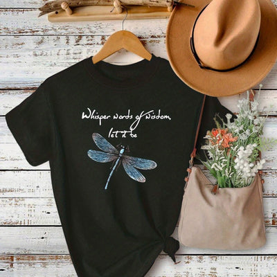 Colorful Dragonfly & Letter T-Shirt, Cute Cartoon Short Sleeve Crew Neck Shirt, Casual Every Day Tops, Women's Clothing