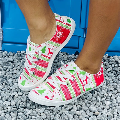 Colorful and Comfortable: Women's Cartoon Print Canvas Shoes – Slip-On, Lightweight, and Soft-Soled - Ideal for Christmas!