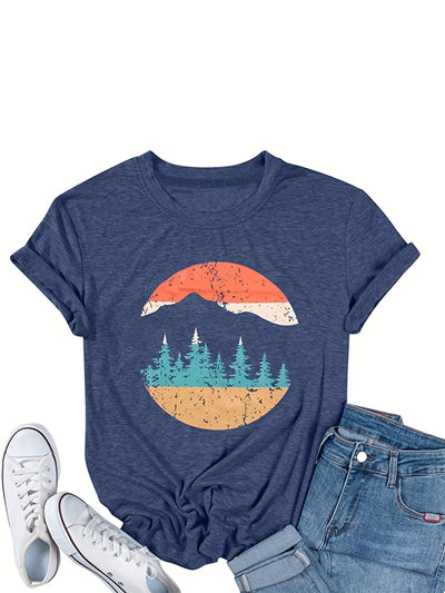 Women's Forest Print Crew Neck T-shirt, Casual Short Sleeve T-shirt For Summer, Women's Clothing