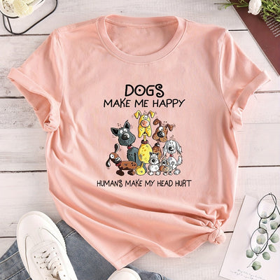 Casual and Trendy: Cartoon Dog Print Crew Neck T-Shirt for Fashionable Summer Looks