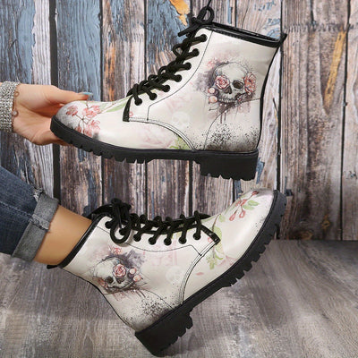 Horror Chic: Women's Skull Print Short Boots - Halloween-inspired Fashion with Lace-up Comfort