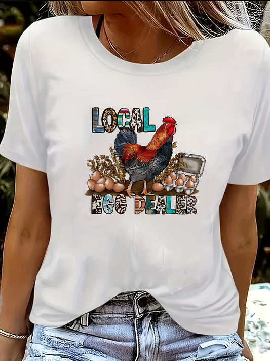 Stay comfortable and stylish with Eggclusive Fashion's Women's Local Egg Dealer Tee. This short sleeve, crew neck t-shirt features a bold letter print, showcasing your love for locally sourced eggs. Perfect for casual wear, this tee is a must-have for any egg enthusiast.