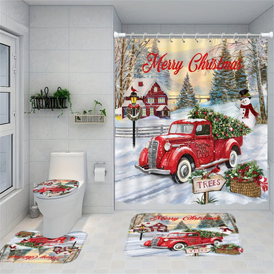 Red Truck Christmas Shower Curtain Set: Waterproof Curtains with Hooks