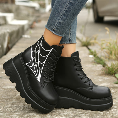 Spider Web Decor Ankle Boots: Elevate Your Style with Women's Platform Wedge Boots