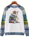 Adorable Feline Frenzy: Women's Cute Cat Print Crew Neck Sweatshirt - Casual, Long Sleeve & Drop Shoulder