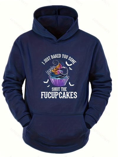 FuCupCake Halloween Sweatshirt, Men's Quirky Ice Cream & Bats Graphic Print Hoodies, Oversized Sports/running Hooded Sweatshirt For Males, Plus Size