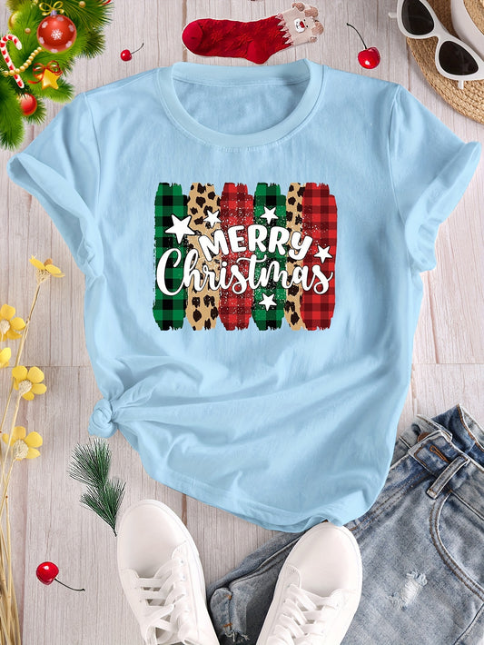 Stay stylish and festive in our Merry Christmas Letter Print Crew Neck T-Shirt. This short sleeve top is perfect for spring/summer with its comfortable crew neck design. The stylish letter print adds a touch of holiday spirit to any casual outfit. Perfect for women looking for a versatile and trendy addition to their wardrobe.