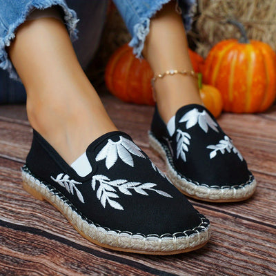 Leaf Embroidered Slip-On Espadrilles: Lightweight, Comfy Canvas Shoes for Women