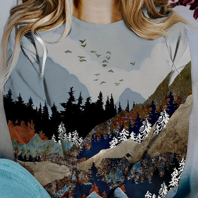 Cozy and Stylish: Landscape Print Pullover Sweatshirt for Fall-Winter Women's Clothing