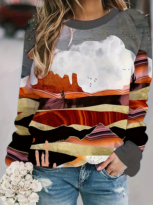 Stylish Graphic Print Crew Neck Sweatshirt: Cozy & Fashionable Long Sleeve Drop Shoulder Sweatshirt for Women