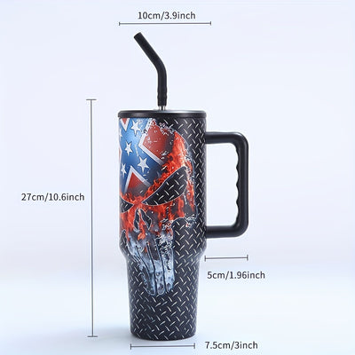 40oz Skull & US Flag Tumbler with Lid & Straw - Perfect for Car, Home, Office, Travel & Independence Day Gifts!