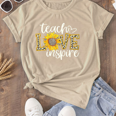 Teacher Love Inspire Letter and Leopard Print T-Shirt, Short Sleeve Crew Neck Casual Top For Spring & Summer, Women's Clothing