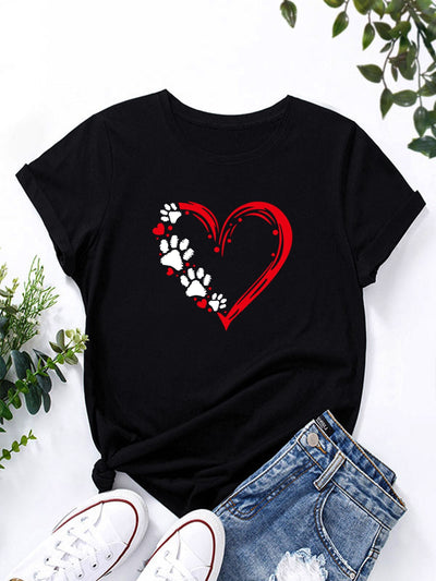 Dog Paw and Red Heart Print T-Shirt, Short Sleeve Crew Neck Casual Top For Spring & Summer, Women's Clothing