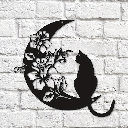 Charming Metal Art Cat and Moon Wall Decoration: Exquisite Metal Cat Art Silhouette Sculpture for Retro Home Décor