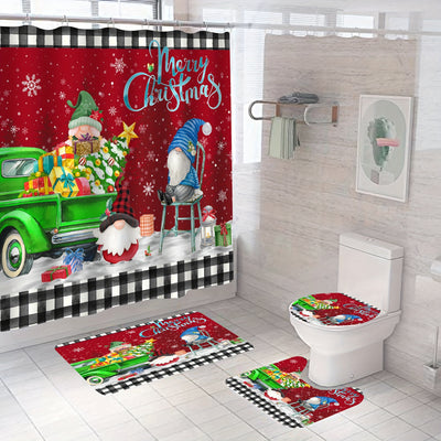 Winter Wonderland: 4-Piece Christmas Gnomes Shower Curtain Set - Festive Bathroom Decor & Waterproof Accessories