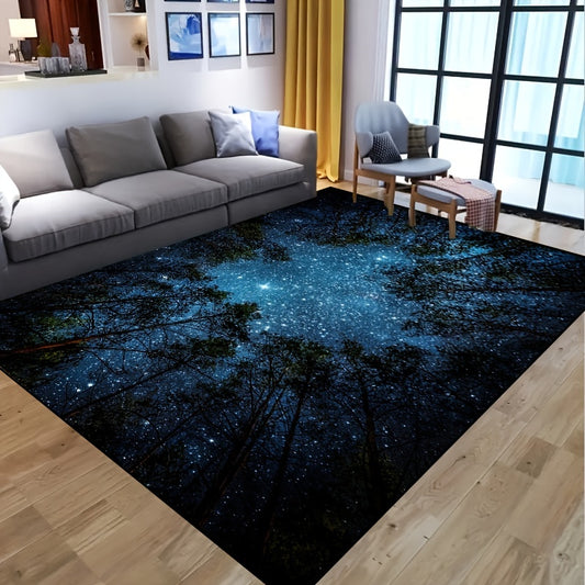 The Starry Night Sky Forest Area Rug is a luxurious addition to any room. Crafted with quality materials, its soft fibers and sturdy backing make it functional as well as beautiful. The starry night sky design adds a bit of natural beauty to any space.