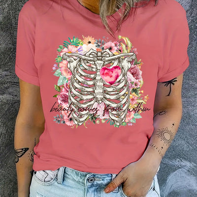 Skeleton Flower and Heart Graphic Tee: Embrace Summer Style with Casual Sports T-Shirts for Women