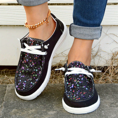 Women's Canvas Shoes with Glitter Star - Comfortable Lace-Up Casual Walking Shoes