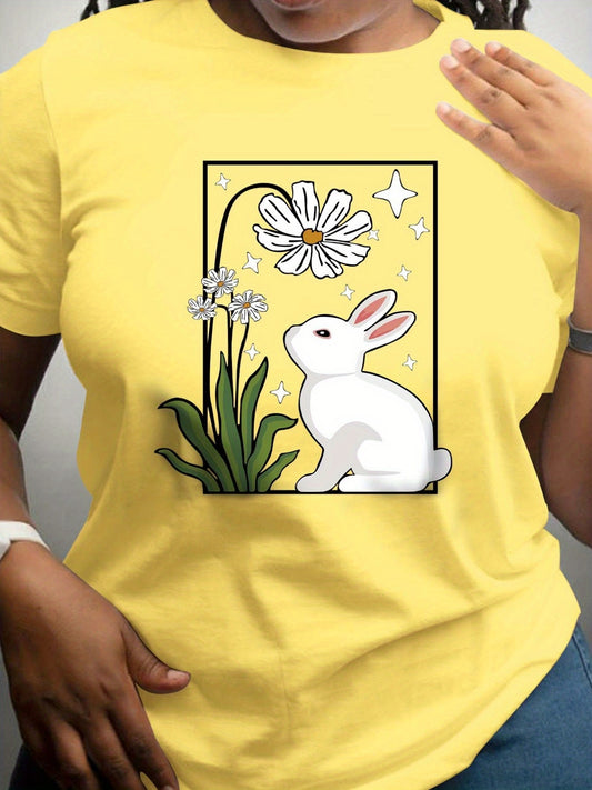 This Flower Rabbit and Star Print Crew Neck Plus Size Casual T-Shirt for Women offers a comfortable and stylish look. Crafted from quality fabric with a crew neckline and long sleeves, this top is sure to keep you looking chic and feeling comfortable all day long.