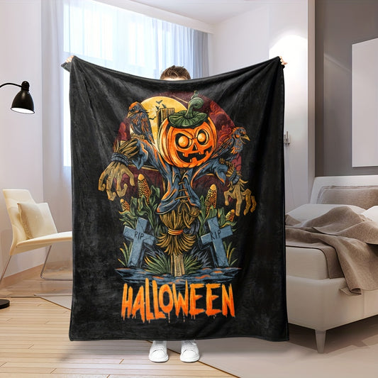 Stay warm and cozy with this Halloween Pumpkin Theme Flannel Blanket. With cartoon pumpkins, scarecrows, and crows, this blanket is perfect for adding a spooky twist to your home decor, couch, office, bed, camping, and travel. It's made of soft, durable fabrics to offer lasting comfort.