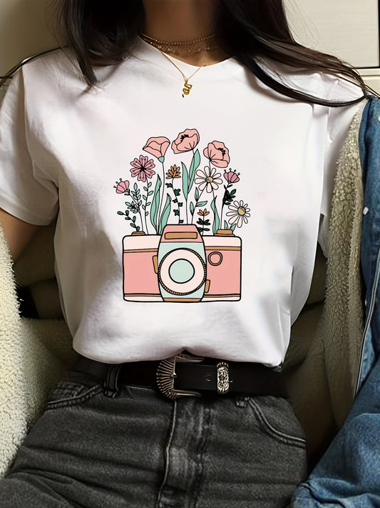 Look stylish and cool this spring/summer in the Color Flower and Camera Print Crew Neck T-Shirt. This fashionable t-shirt is made with a durable cotton fabric and features a vibrant flower and camera print. Complete your look with this stylish essential for your wardrobe.
