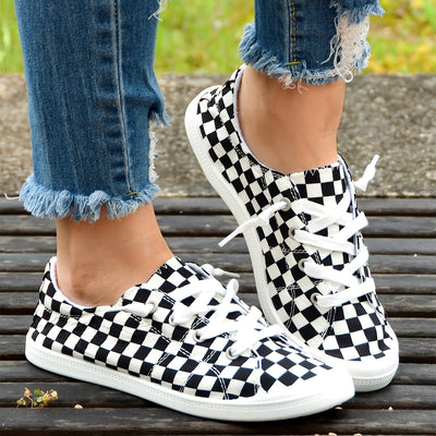 Lightweight Women's Canvas Shoes with Checkboard Printed - Comfortable Lace-up Low Top Walking Shoes