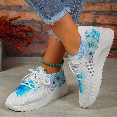 Fashionable Women's Flower Pattern Platform Sneakers: Breathable & Comfortable Lace-Up Outdoor Shoes