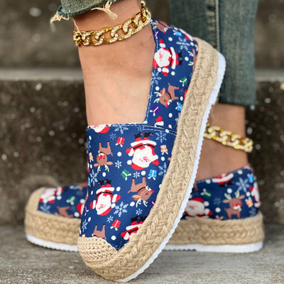 Festive Footwear: Women's Christmas Print Platform Shoes – Casual Slip-On Canvas Shoes with Comfortable Espadrille Soles