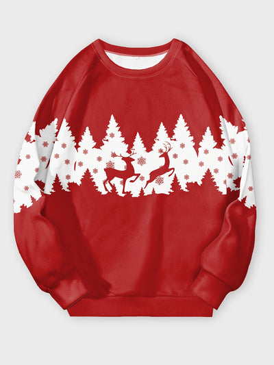 Festive Comfort: Plus Size Christmas Casual Sweatshirt for Women - Snowflake Reindeer Print Long Sleeve Pullover