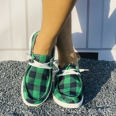 Stylish and Comfortable Women's Green Plaid Pattern Canvas Shoes: Lightweight Casual Shoes with Round Toe and Lace-Up Design