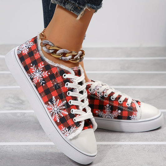 Deck yourself out for the holidays with these stylish seasonal shoes. Featuring an eye-catching snowflake plaid print, these low top canvas shoes will add festive flair to any outfit. Feel the comfort of canvas material and add some fun to your wardrobe.